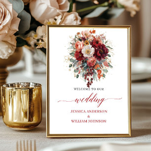 Autumn Maroon Floral Greenery Tabletop Wedding Poster