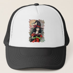 Autumn Mischief Halloween Witch and Balck Cat Trucker Hat