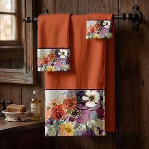 Autumn mixed watercolor floral bath towel set