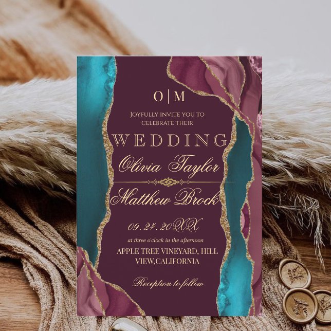 Autumn Modern red green black gold agate Wedding Invitation (Creator Uploaded)