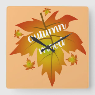 Autumn mood typography maple leaves   square wall clock