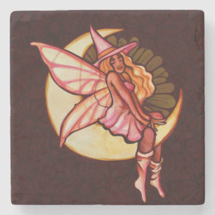 Autumn Moon Fairy Witch Daisy Artwork MoonChild Stone Coaster