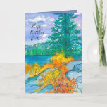 Autumn Mountain Lake Happy Birthday Brother Card<br><div class="desc">A fall season birthday card featuring a mountain lake during autumn with plants and bushes growing in the rocks and changing colours to bright yellows and oranges with a periwinkle sky sketched with ink and painted with watercolor.   You can customise the text to fit your needs.</div>