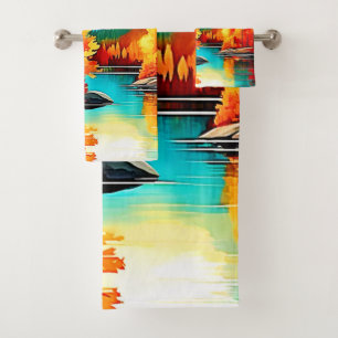 Autumn Mountain Lake Scene Bath Towel Set