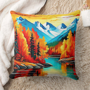 Autumn Mountain Lake Scene Cushion