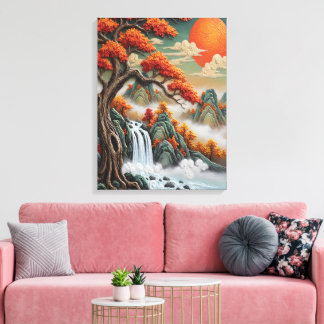 Autumn Mountain Landscape with Waterfall Canvas Print