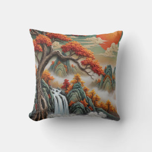 Autumn Mountain Landscape with Waterfall Cushion
