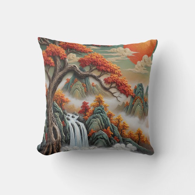 Autumn Mountain Landscape with Waterfall Cushion (Front)
