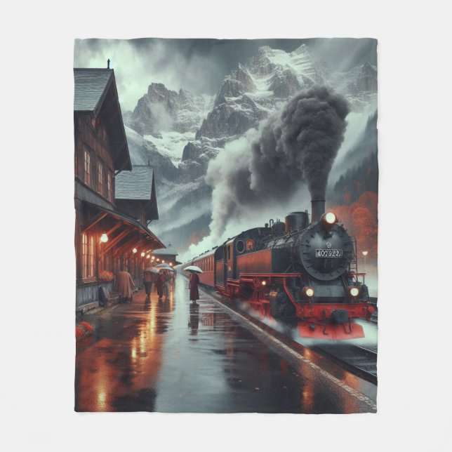 Autumn Mountain Train Journey Fleece Blanket (Front)