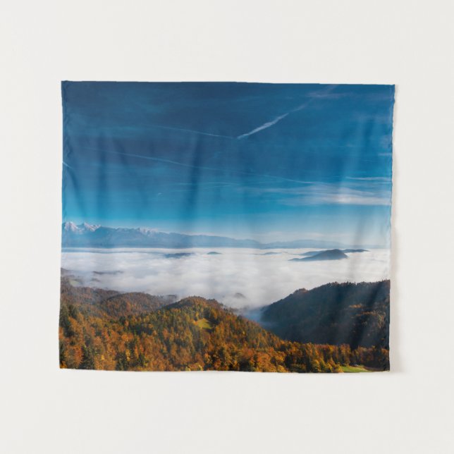 Autumn mountains and fog in the valley tapestry (Front (Horizontal))