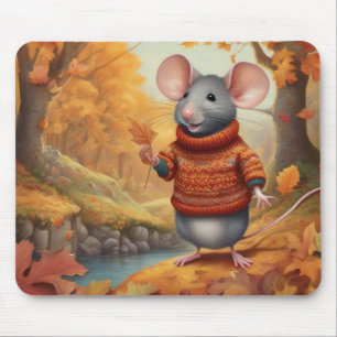 Autumn Mouse with Cosy Sweater & Leaves Mouse Pad