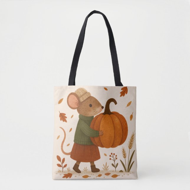 Autumn Mouse with Pumpkin – Whimsical Fall Illustr Tote Bag (Front)