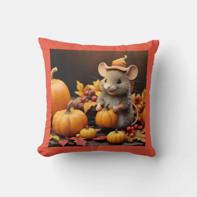 Autumn Mouse with Pumpkins & Leaves Throw Pillow (Front)