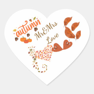 Autumn Mr & Mrs Love Heart Wedding Stickers