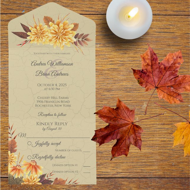 Autumn Mums with Foliage  All In One Invitation (Available without dinner options or with QR code included. )