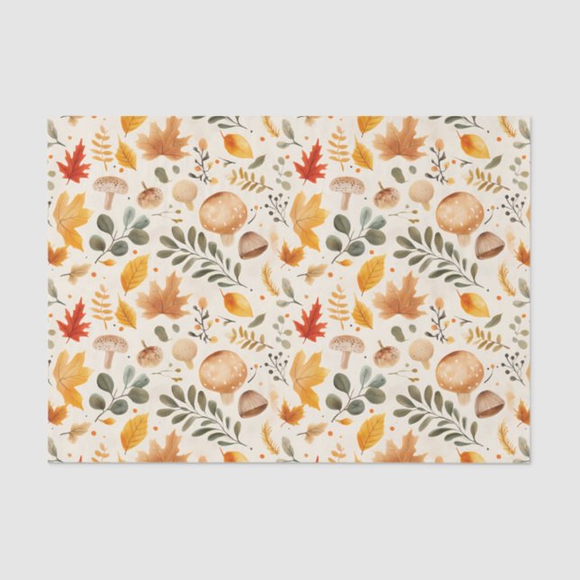 Autumn Mushrooms and Leaves Fall Pattern Decoupage Tissue Paper (Front)