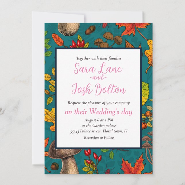 Autumn mushrooms, leaves, nuts and berries on blue invitation (Front)