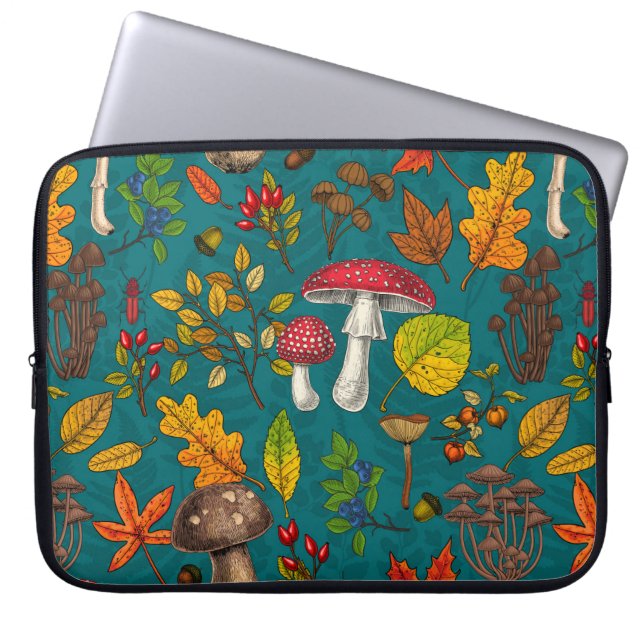 Autumn mushrooms, leaves, nuts and berries on blue laptop sleeve (Front)