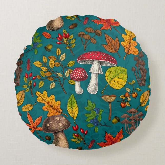 Autumn mushrooms, leaves, nuts and berries on blue round cushion (Front)