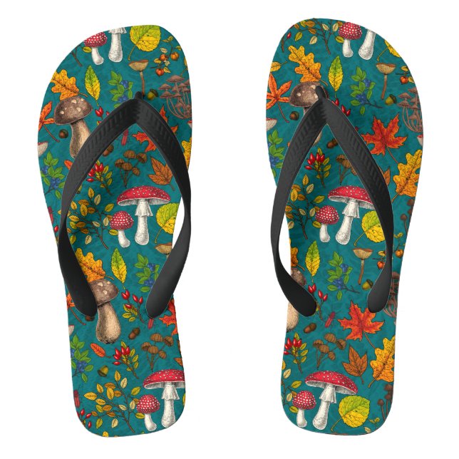 Autumn mushrooms, leaves, nuts and berries on blue thongs (Footbed)