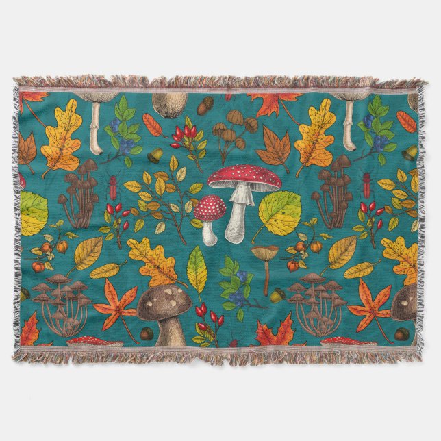 Autumn mushrooms, leaves, nuts and berries on blue throw blanket (Front)