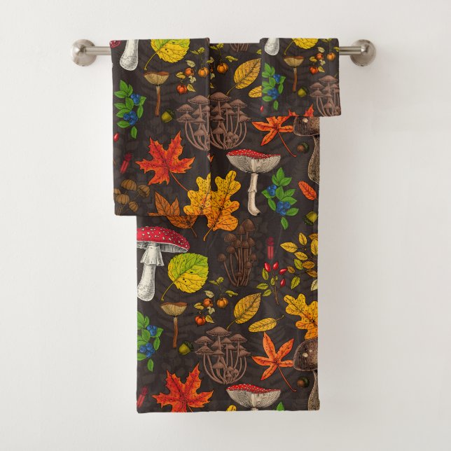 Autumn mushrooms, leaves, nuts and berries on dark bath towel set (Insitu)