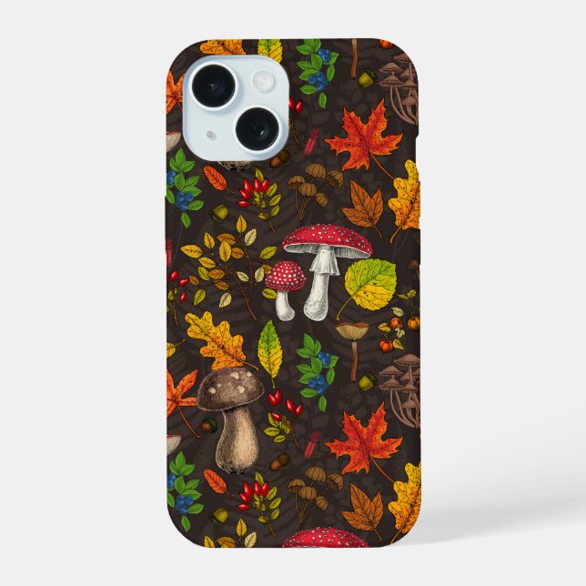 Autumn mushrooms, leaves, nuts and berries on dark iPhone 15 case (Back)