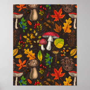 Autumn mushrooms, leaves, nuts and berries on dark poster