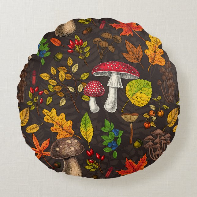 Autumn mushrooms, leaves, nuts and berries on dark round cushion (Front)