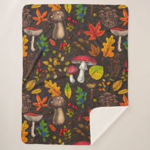 Autumn mushrooms, leaves, nuts and berries on dark sherpa blanket