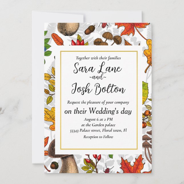 Autumn mushrooms, leaves, nuts and berries on whit invitation (Front)