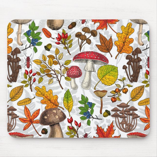 Autumn mushrooms, leaves, nuts and berries on whit mouse pad (Front)