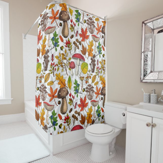 Autumn mushrooms, leaves, nuts and berries on whit shower curtain (In Situ)