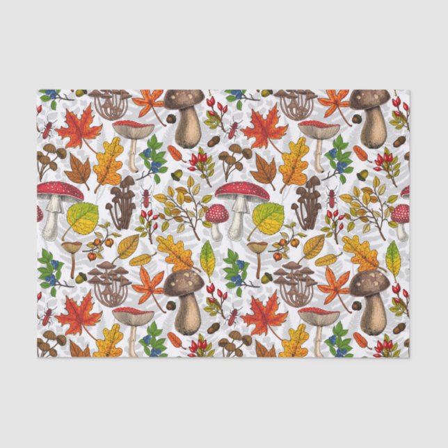 Autumn mushrooms, leaves, nuts and berries on whit tissue paper (Front)