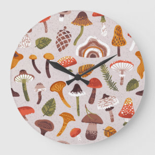 Autumn mushrooms, leaves: vintage repeat. large clock