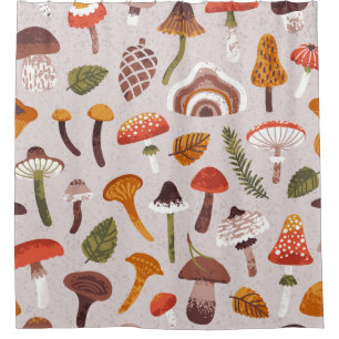Autumn mushrooms, leaves: vintage repeat. shower curtain