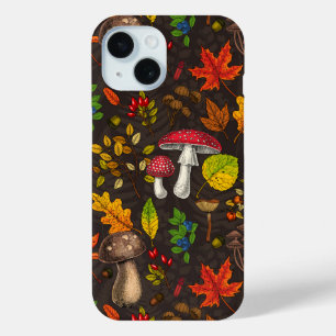 Autumn mushrooms,nuts and berries on dark iPhone 15 case