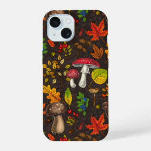 Autumn mushrooms,nuts and berries on dark iPhone 15 case