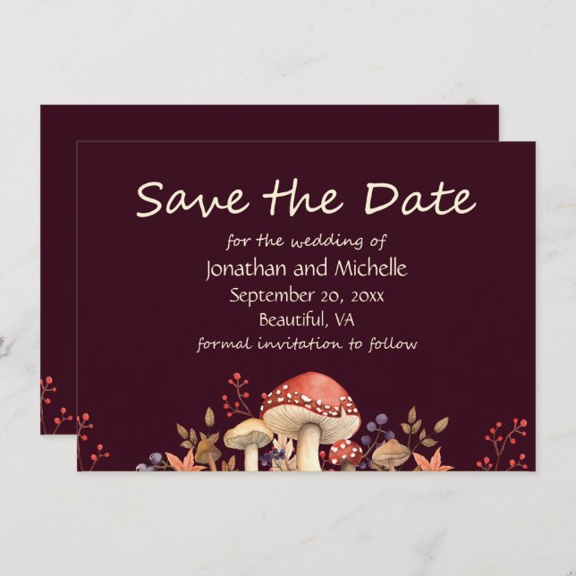 Autumn Mushrooms, Plants and Leaves Fall Wedding Save The Date (Front/Back)