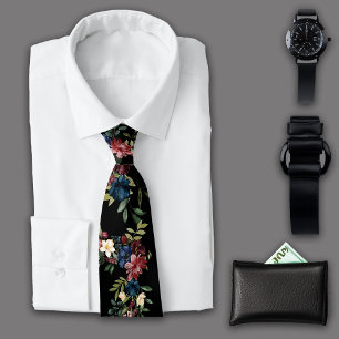 Autumn Mystique Florals Botanicals Black Monogram Tie