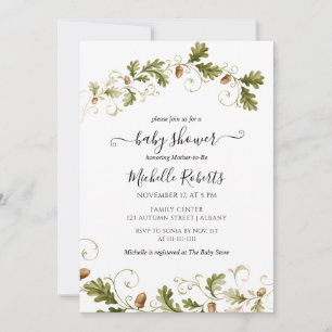 Autumn Oak Leaf Acorn Watercolor Baby Shower Invitation