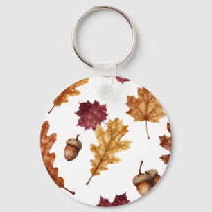 Autumn Oak Leaves Acorn Watercolor Pattern Key Ring