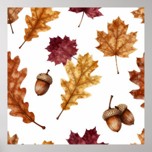 Autumn Oak Leaves Acorn Watercolor Pattern Poster