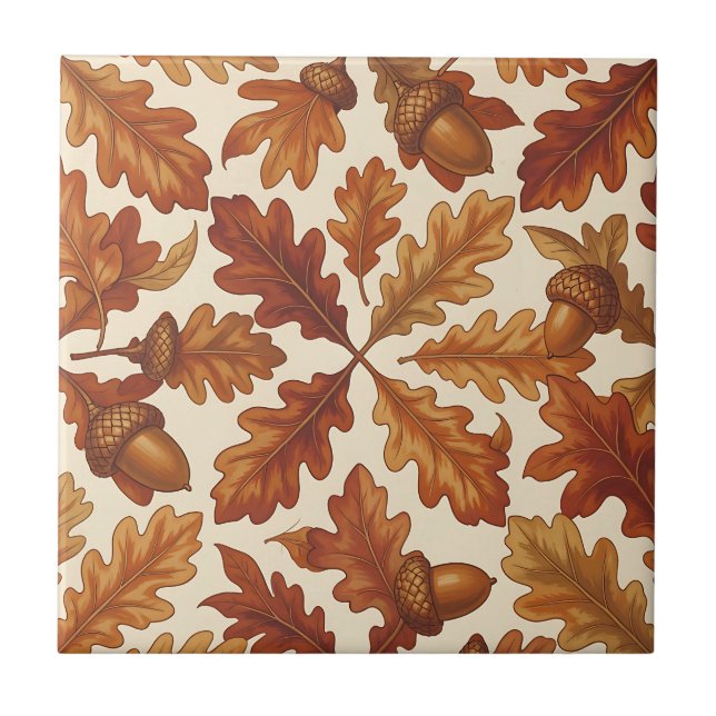 Autumn Oak Leaves Acorns Brown Seamless Fall  Ceramic Tile (Front)