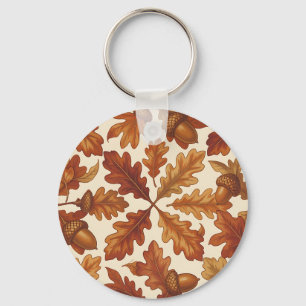 Autumn Oak Leaves Acorns Brown Seamless Fall Key Ring