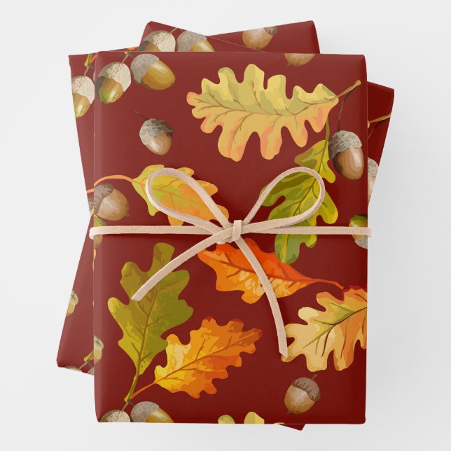 Autumn Oak Leaves and Acorns Nature Wrapping Paper Sheet (In situ)