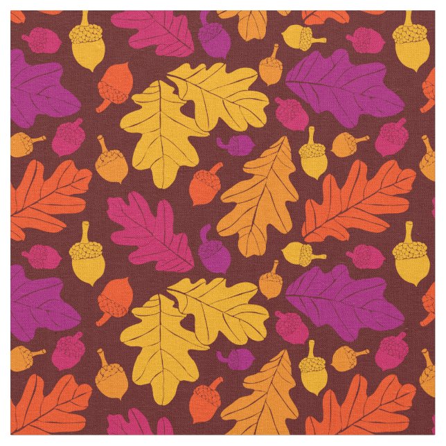 Autumn Oak Leaves and Acorns Patterned Fabric (Close Up)