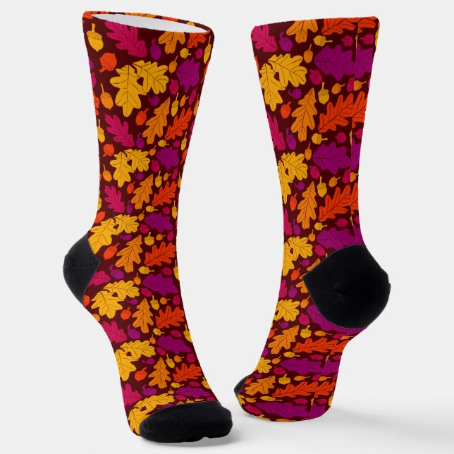 Autumn Oak Leaves and Acorns Patterned Socks (Angled)