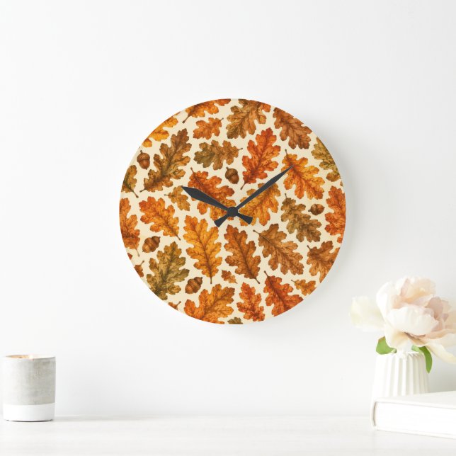 Autumn Oak Leaves Pattern | Cosy Nature Aesthetic Large Clock (Home)