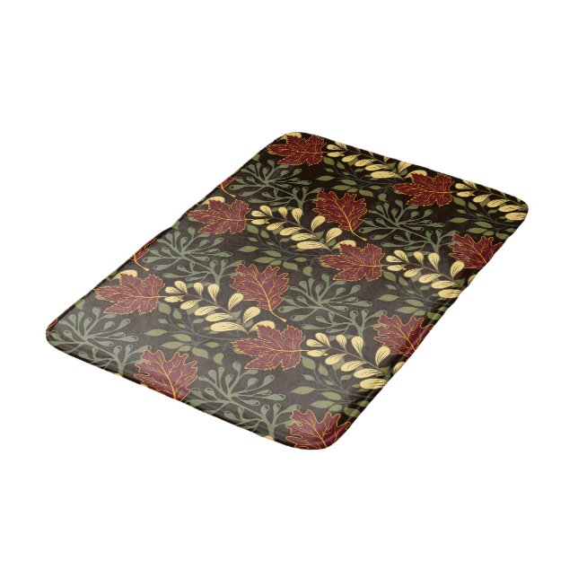 Autumn Oak Leaves Pattern in Maroon and Yellow Bath Mat (Angled)